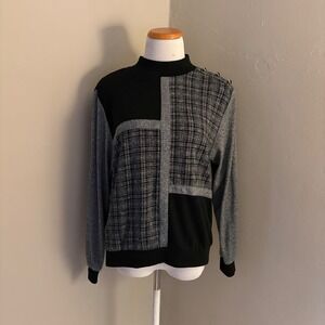 Vintage Alfred Dunner Mock Neck Patchwork Plaid Sweater Shoulder Pads Medium